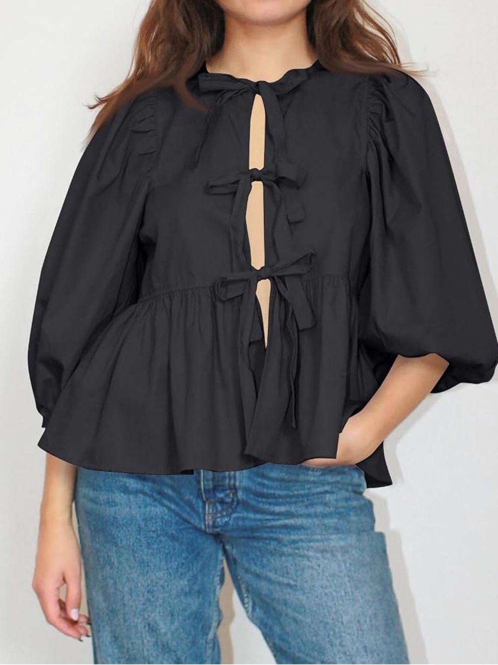 Babydoll Black Tie-front 3/4 Length Puff Sleeve Peplum Blouse